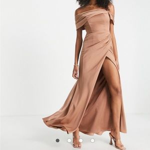 ASOS EDITION satin Bardot drape wrap maxi dress in mocha US size 0
